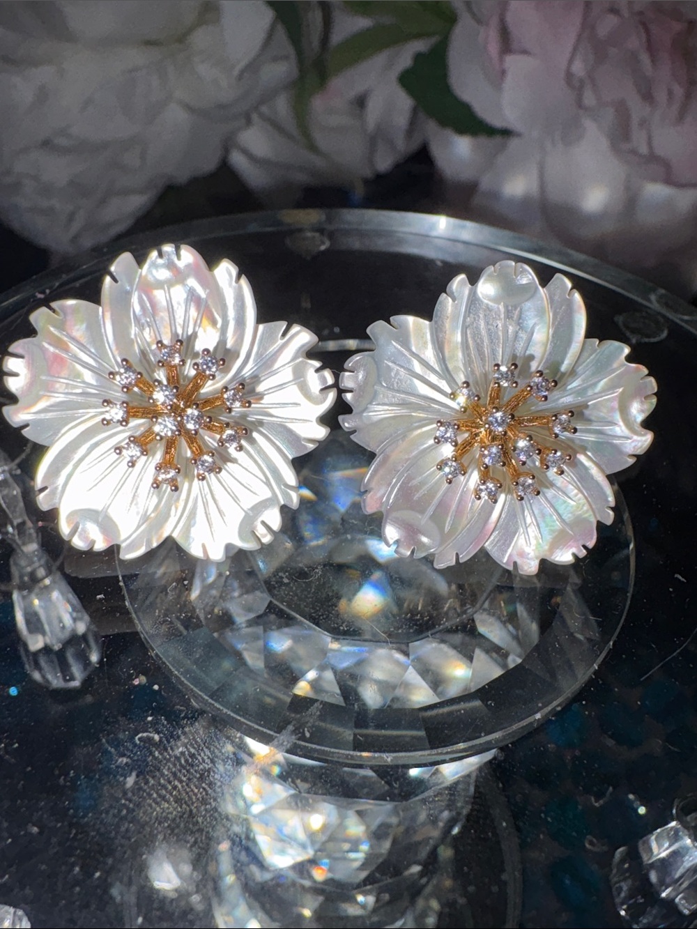 White Iridescent Mother of Pearl Floral Earrings Designer Inspired. Indonesia.